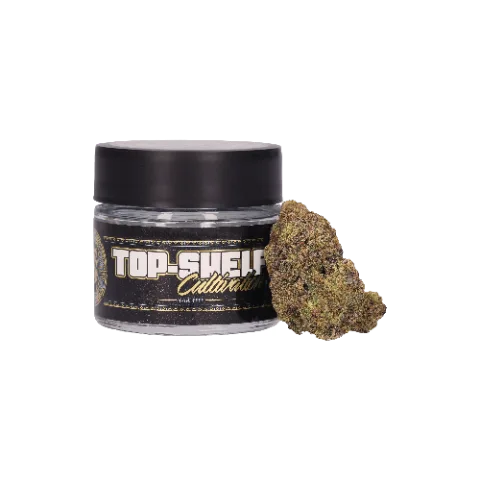 Top-shelf cannabis flower packshot on a white background